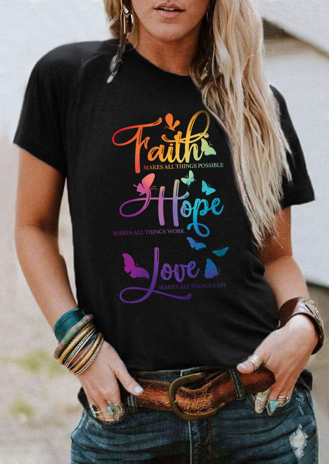 

Faith Hope Love Butterfly Gradient T-Shirt Tee - Black, SCM011284