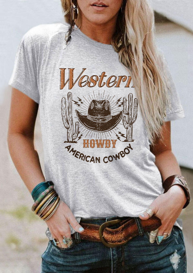 

Western Howdy American Cowboy Cactus T-Shirt Tee - Light Grey, Gray, SCM011285