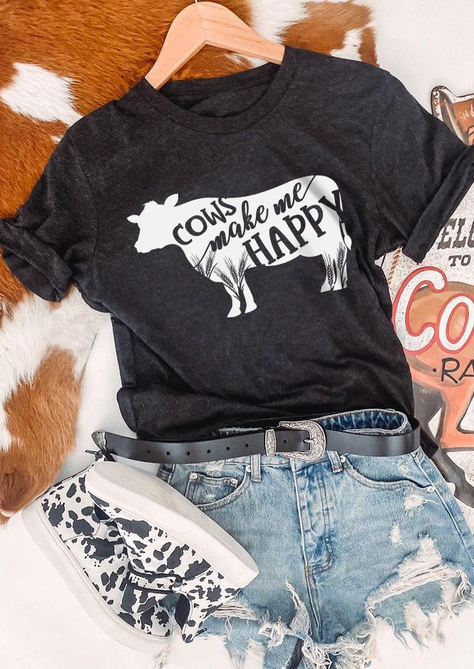 

Cows Make Me Happy O-Neck T-Shirt Tee - Black, SCM011293