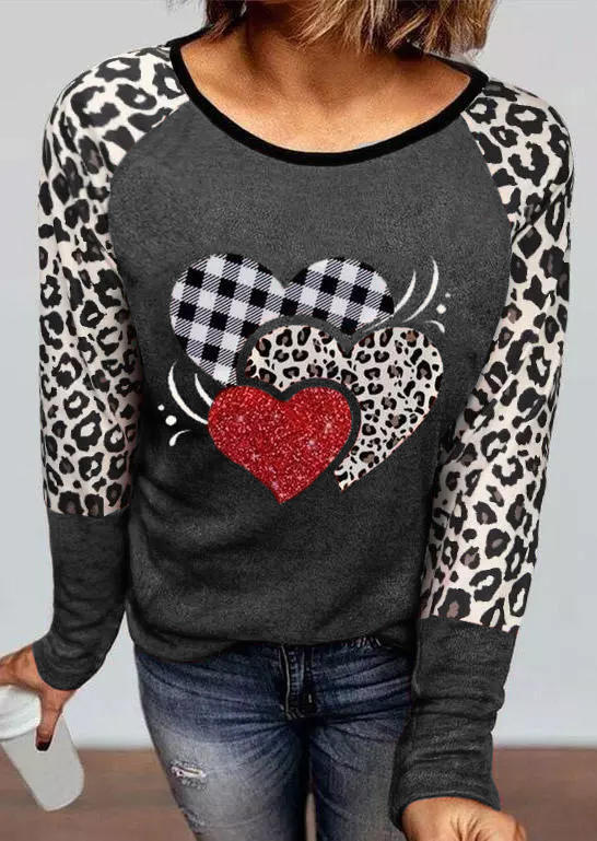 

Valentine Leopard Plaid Heart Glitter T-Shirt Tee, Gray, SCM011339