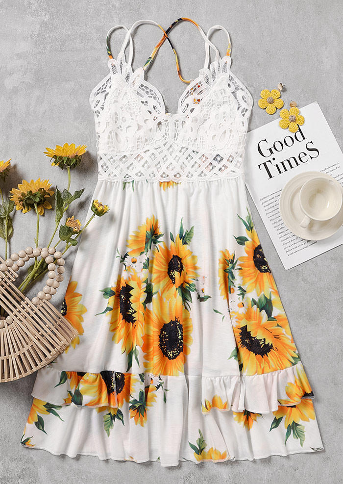 Sunflower Lace Splicing Ruffled Spaghetti Strap Mini Dress - White