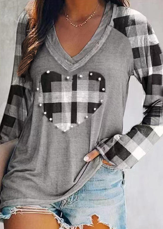 

Valentine Plaid Heart Pearl Raglan Sleeve T-Shirt Tee - Gray, SCM010750