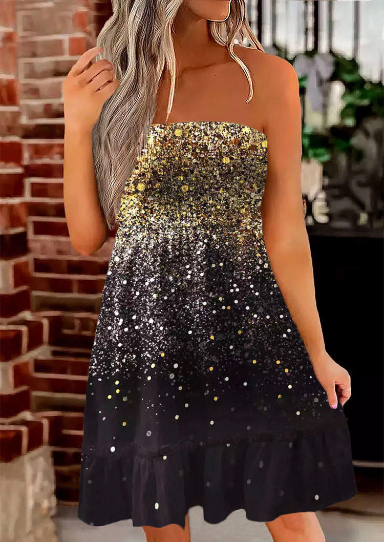 Glitter Smocked Strapless Bandeau Open Back Mini Dress - Black