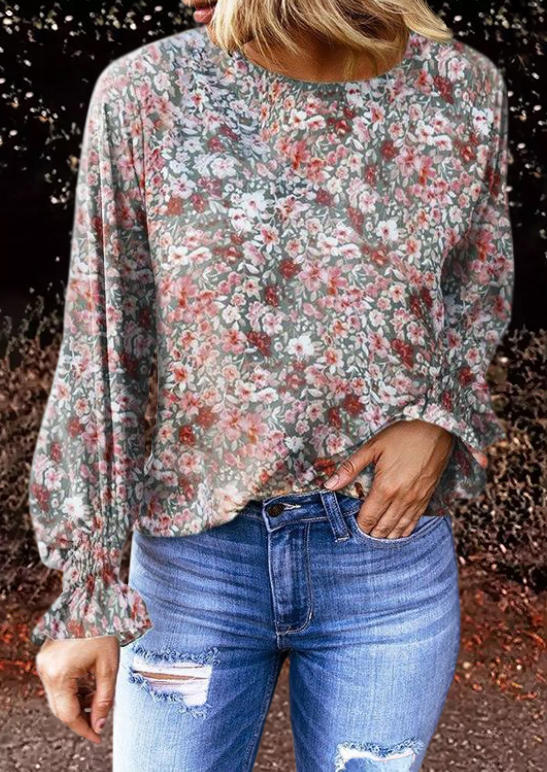 

Floral Hollow Out Smocked Button Lantern Sleeve Blouse, Multicolor, SCM010934