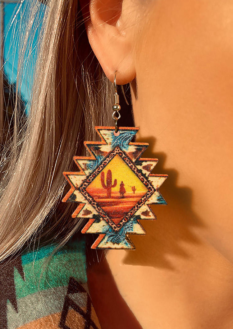 

Aztec Geometric Sunset Cow Cactus Wooden Earrings, Multicolor, SCM010949