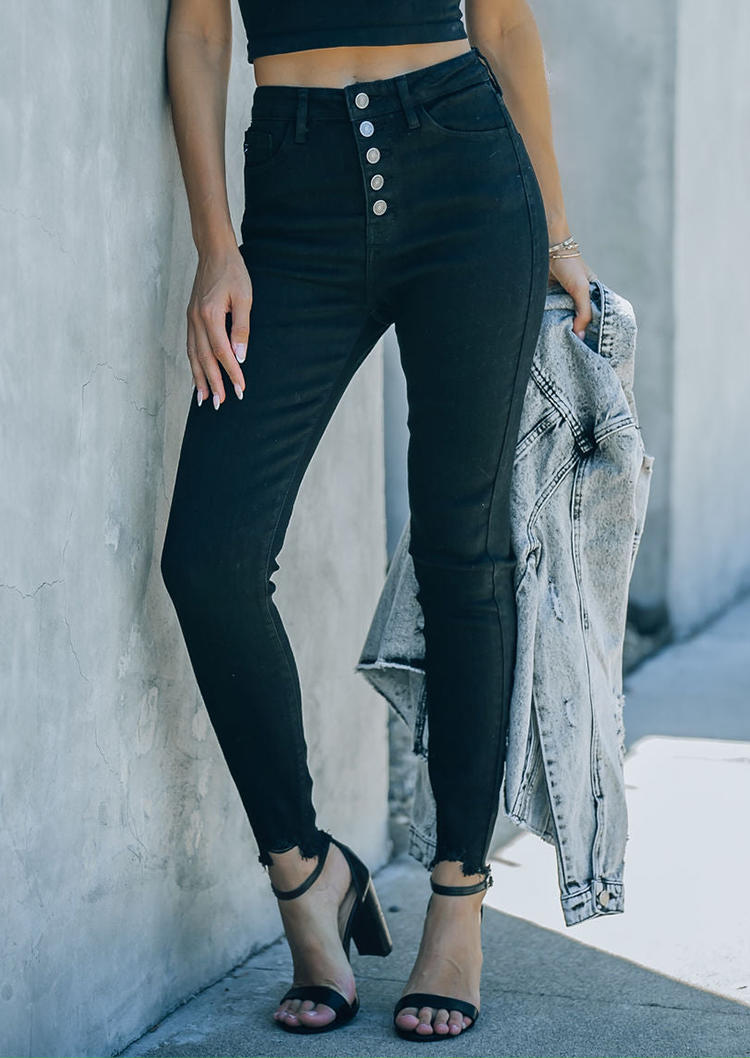 Button Pocket Frayed Denim Pants - Black, SCM010976