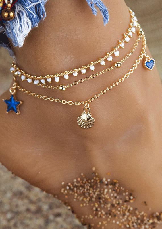 

3Pcs Bohemian Star Beading Shell Anklet, Gold, SCM011015