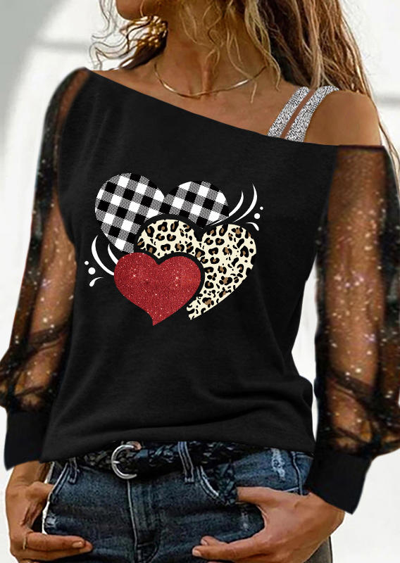 

Valentine Leopard Plaid Heart Glitter Mesh Splicing Blouse - Black, SCM011054