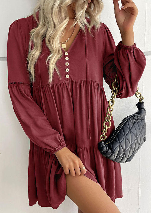 Button Ruffled Elastic Cuff Mini Dress - Burgundy