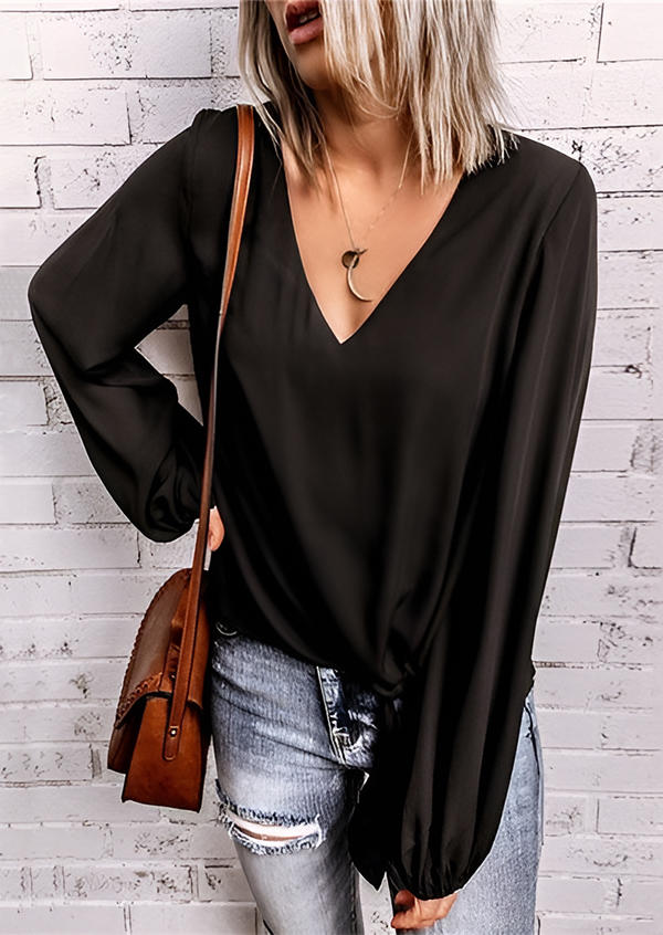 

Long Sleeve V-Neck Casual Blouse - Black, SCM011266