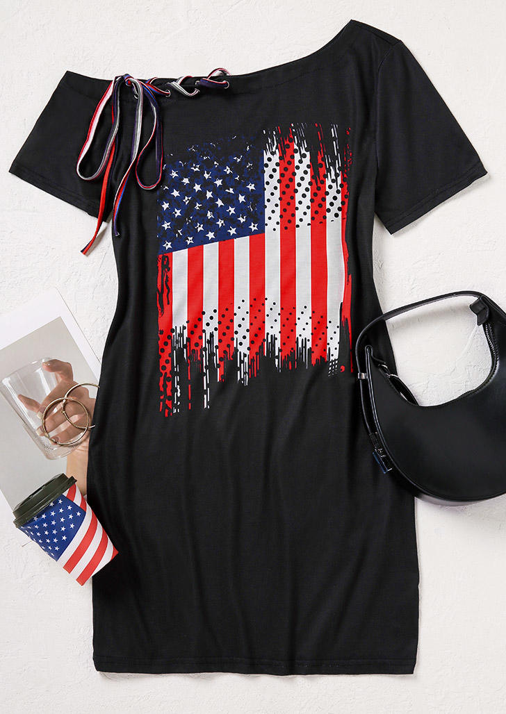 American Flag Star Criss-Cross One Sided Cold Shoulder Mini Dress - Black