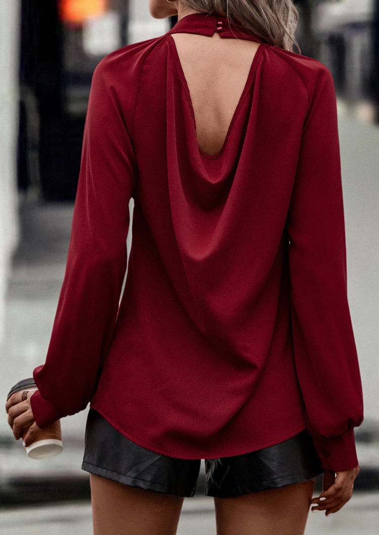 

Cut Out Ruffled Mock Neck Blouse - Burgundy, Red, SCM011048
