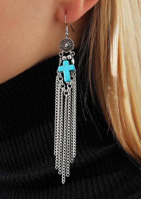 

Turquoise Cross Tassel Beading Hook Earrings, Silver, SCM011078