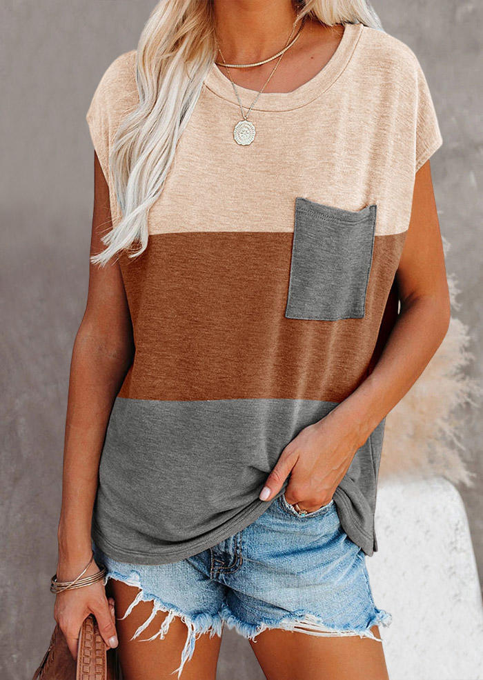 

Color Block Pocket O-Neck Blouse, Multicolor, SCM011184