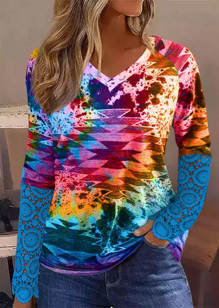 

Aztec Geometric Cow Lace Splicing V-Neck Blouse, Multicolor, SCM011185