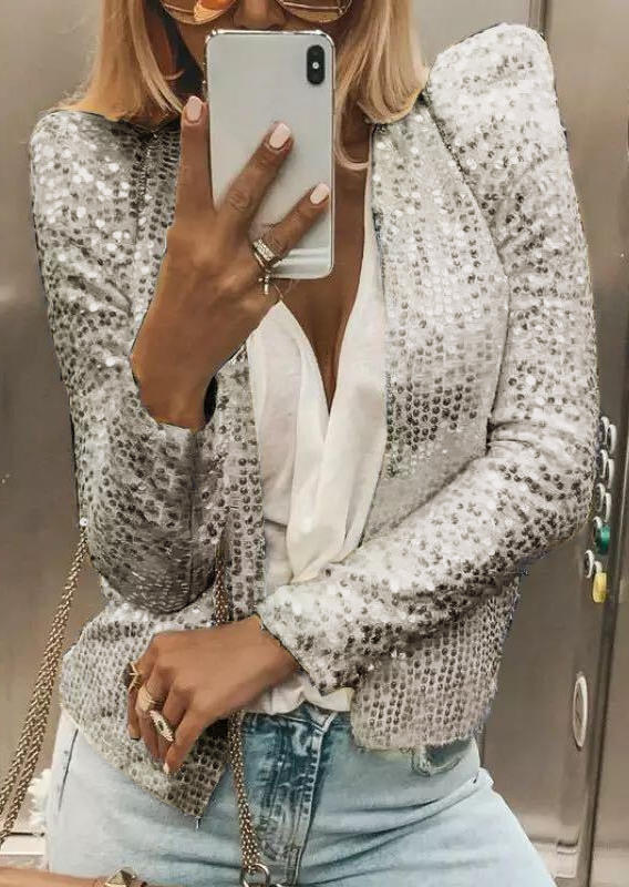 

Sequined Long Sleeve Casual Coat, Silver, SCM011222