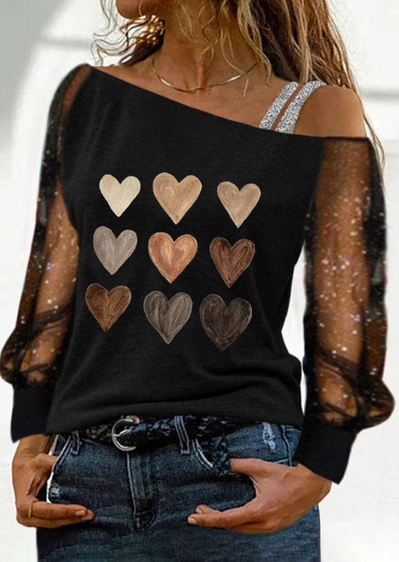 

Valentine Heart Glitter One Sided Cold Shoulder Blouse - Black, SCM011267