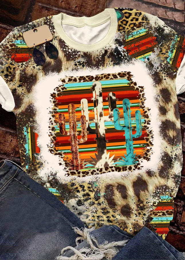 

Serape Striped Cactus Leopard Bleached T-Shirt Tee, Multicolor, SCM011281