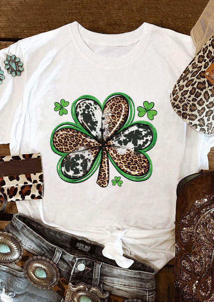 

St. Patrick's Day Leopard Cow Lucky Shamrock T-Shirt Tee - White, SCM011313