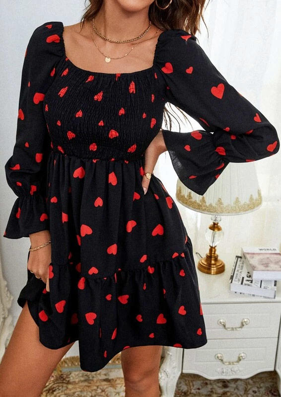 

Valentine Smocked Long Sleeve Mini Dress - Black, SCM011326