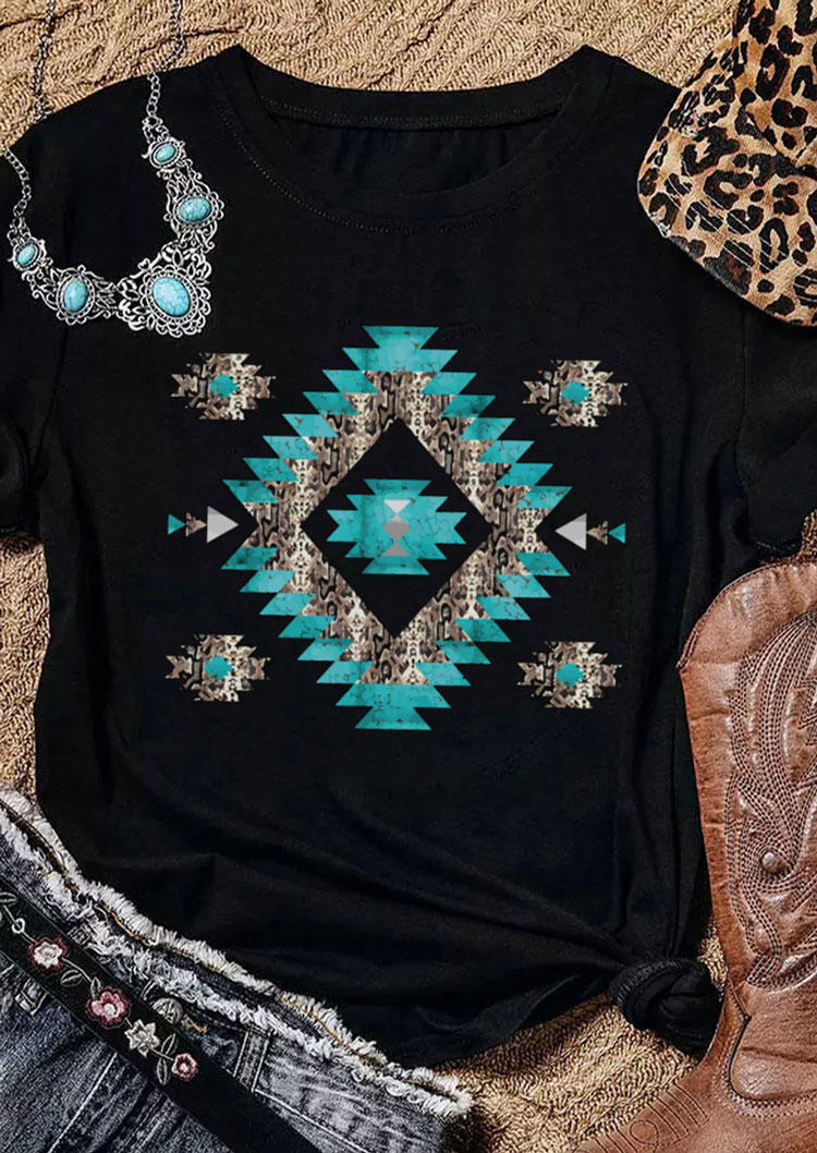 

Aztec Geometric O-Neck T-Shirt Tee - Black, SCM011398