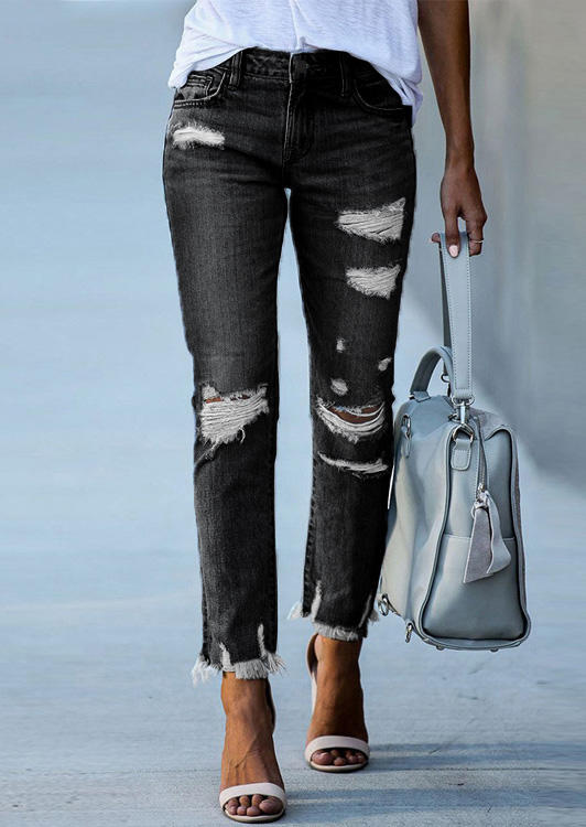 

Ripped Hole Frayed Denim Pants - Black, SCM011400