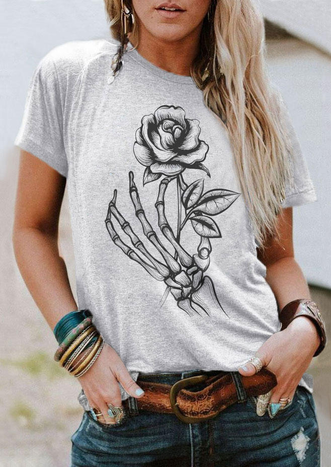 

Rose Skeleton Hand O-Neck T-Shirt Tee - Light Grey, Gray, SCM011413