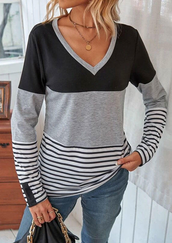 

Color Block Striped V-Neck Blouse, Multicolor, SCM011507