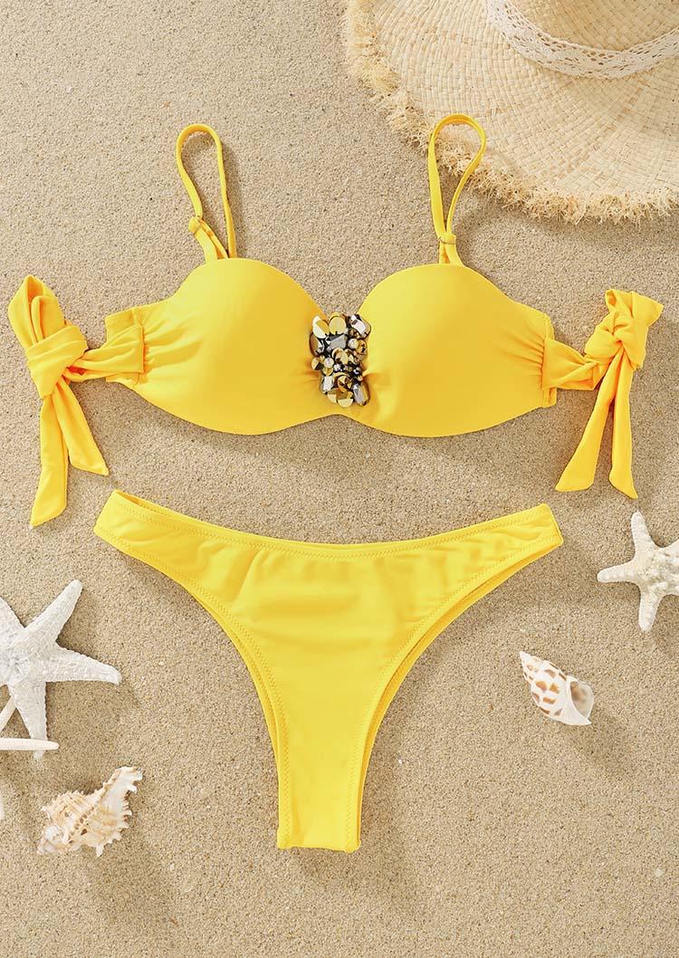 Rhinestone Tie Bikini Set - Yellow