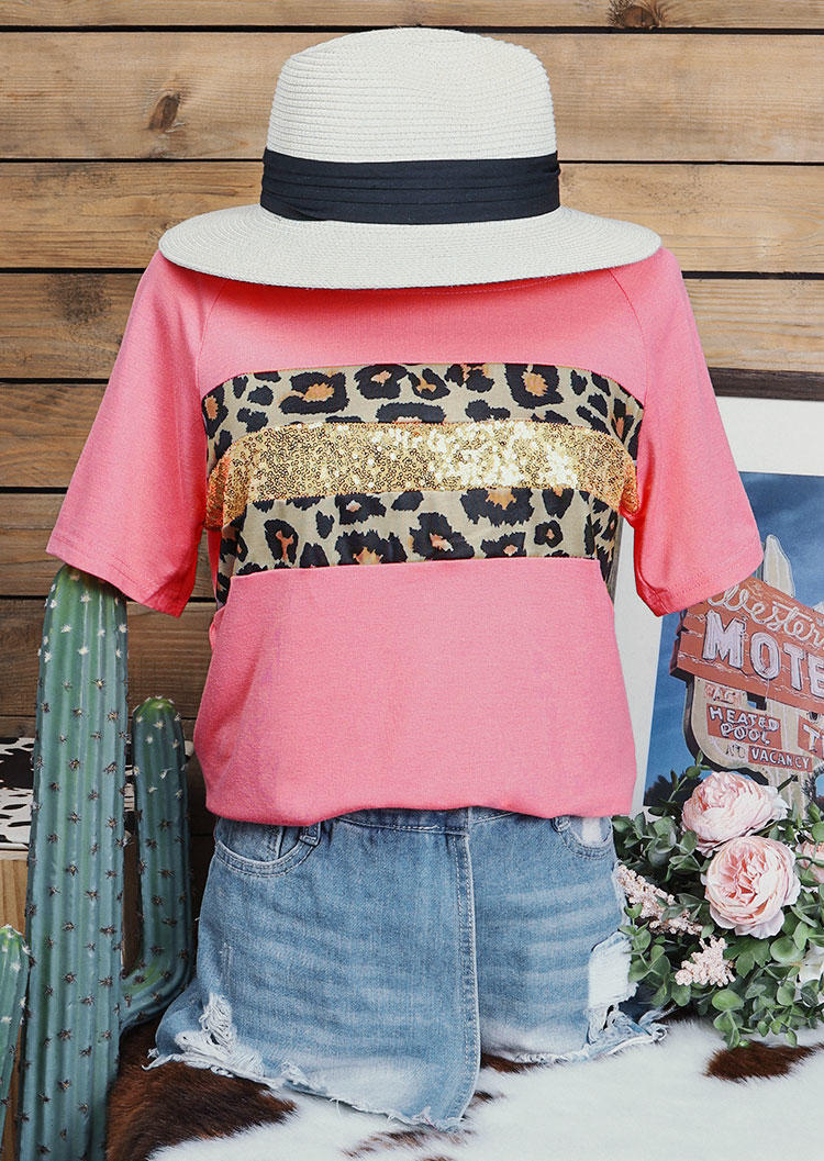 Leopard Sequined Splicing T-Shirt Tee - Pink