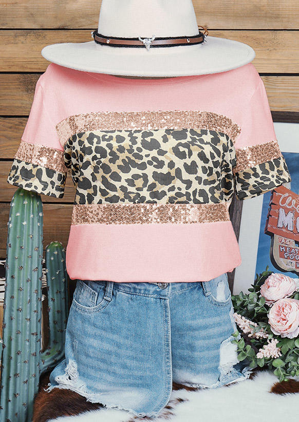 

Leopard Sequined Splicing Blouse - Pink, 472618