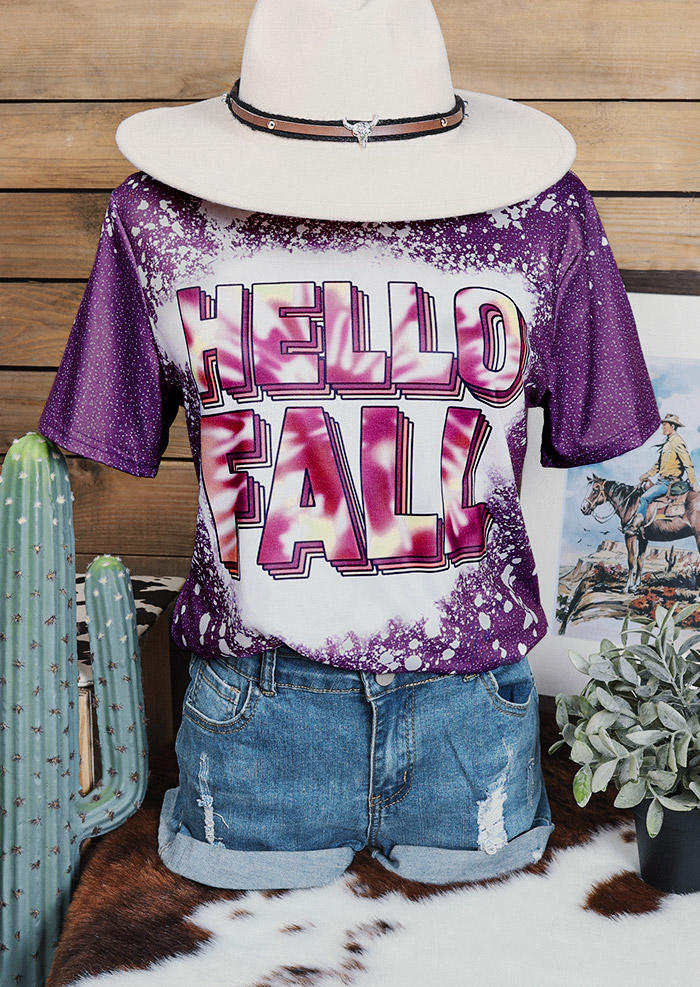 Hello Fall Bleached T-Shirt Tee - Purple