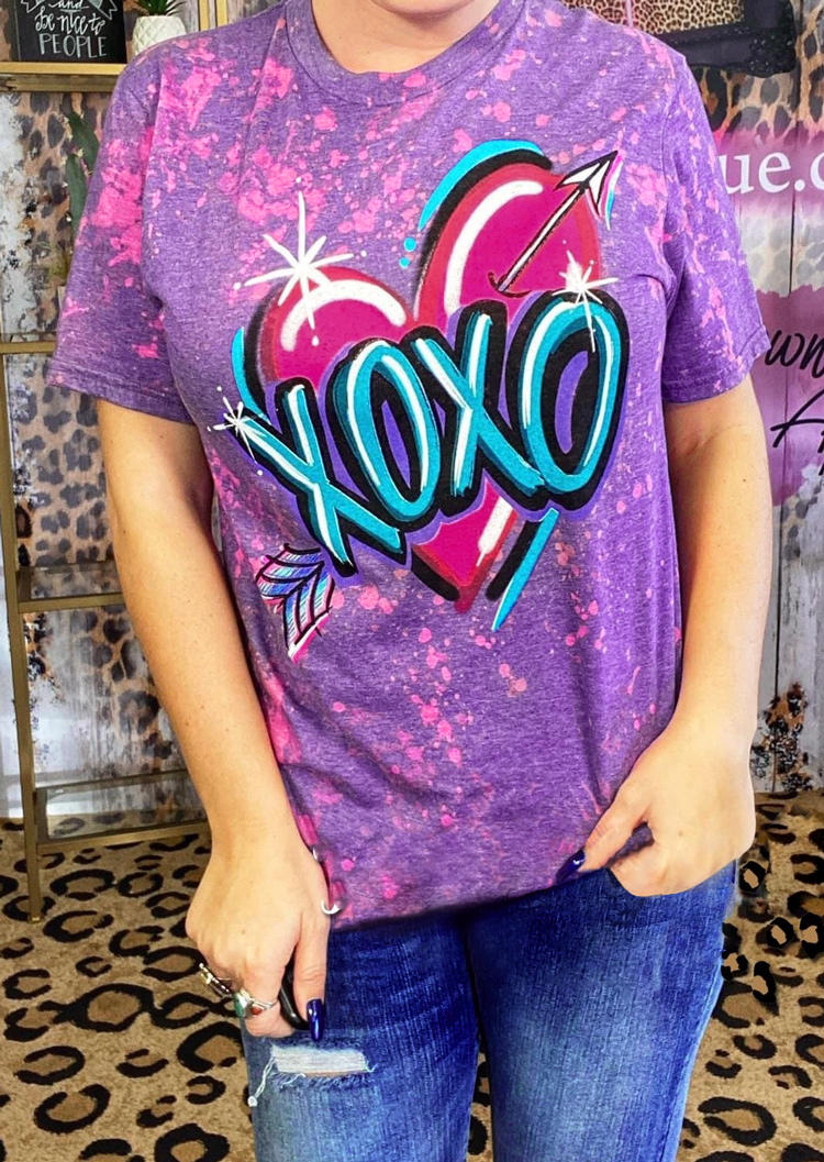 Xoxo Heart Arrow Bleached T-Shirt Tee - Purple