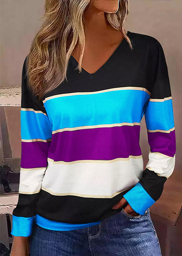 

Color Block Long Sleeve V-Neck Blouse, Multicolor, SCM010370