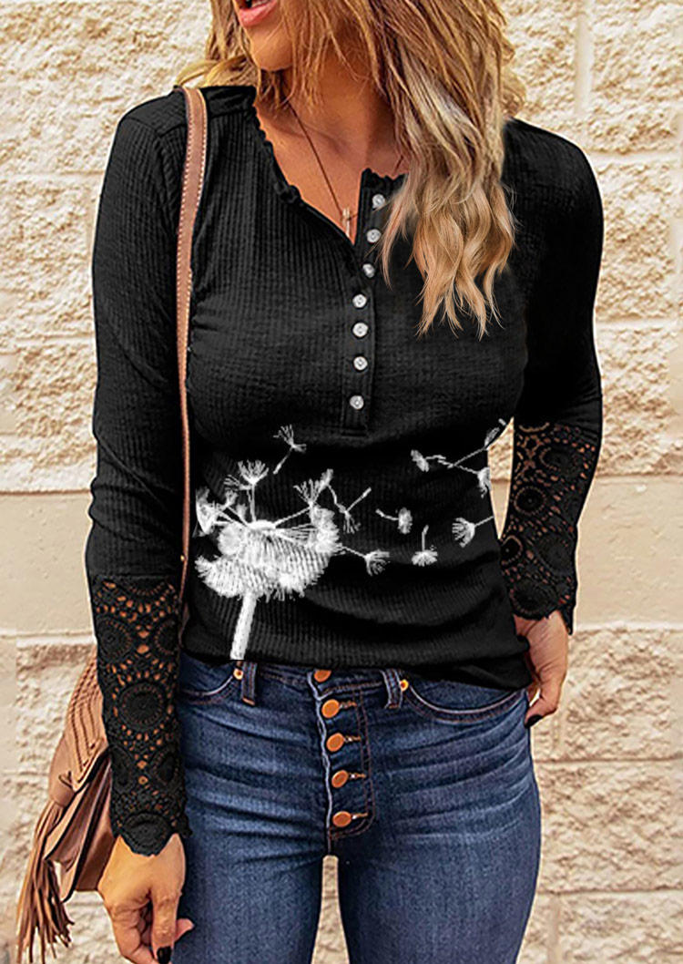 

Dandelion Button Lace Splicing Blouse - Black, SCM010821