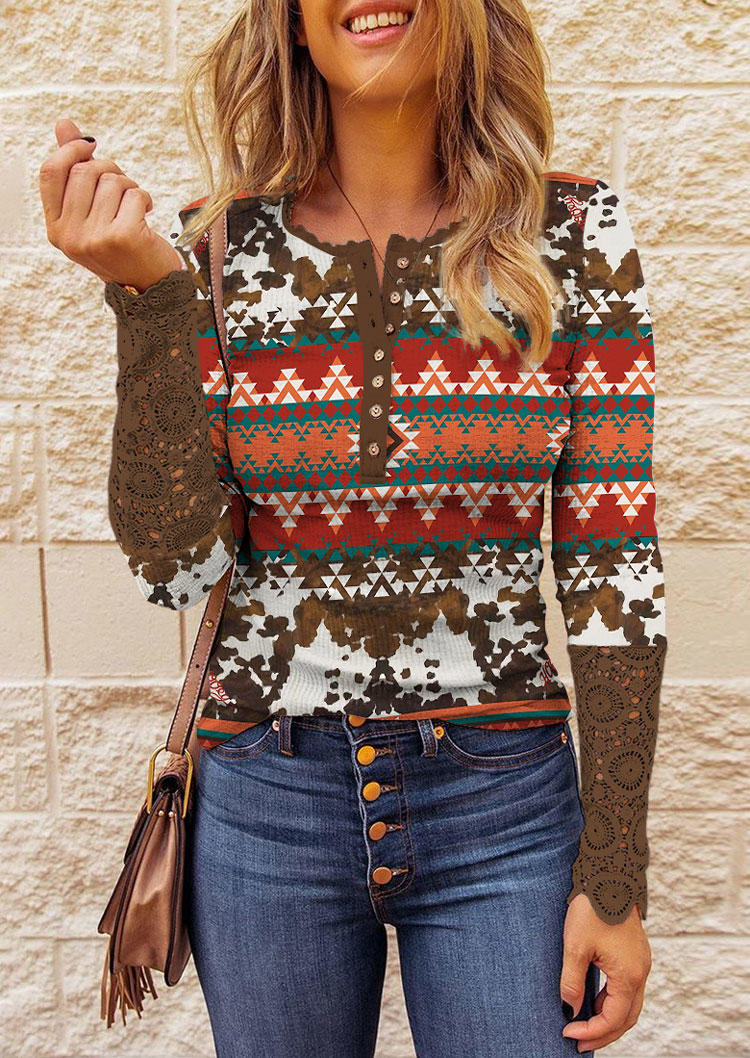 

Geometric Button Lace Splicing Long Sleeve Blouse, Multicolor, SCM010830