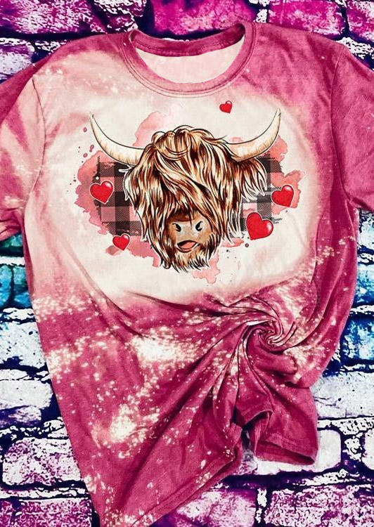 Valentine Heart Plaid Highland Cattle Bleached T-Shirt Tee - Rose Red