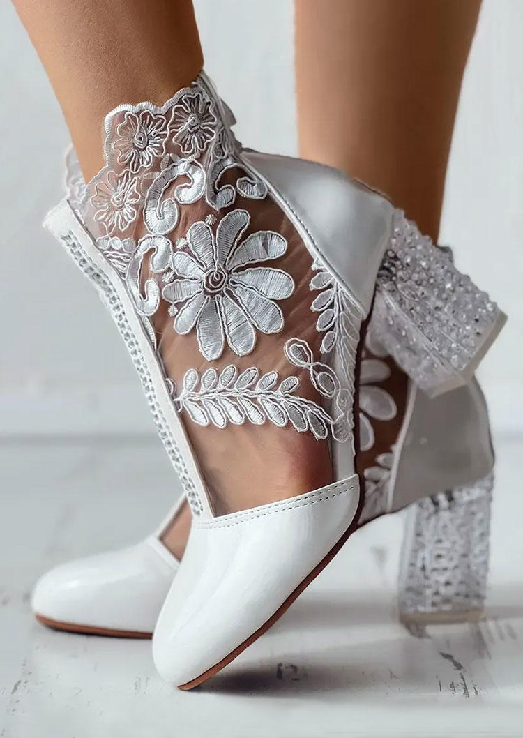 Rhinestone Floral Lace Zipper Chunky Heeled Boots - White
