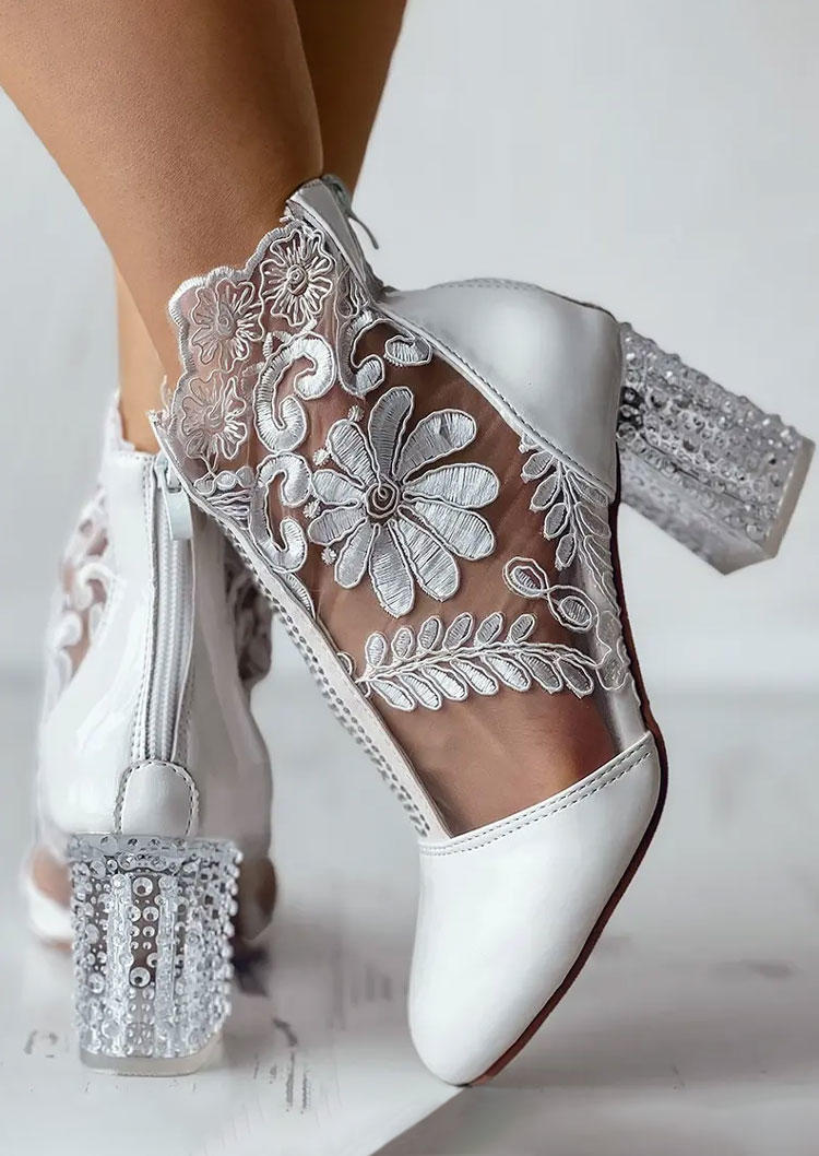 

Rhinestone Floral Lace Zipper Chunky Heeled Boots - White, SCM011130