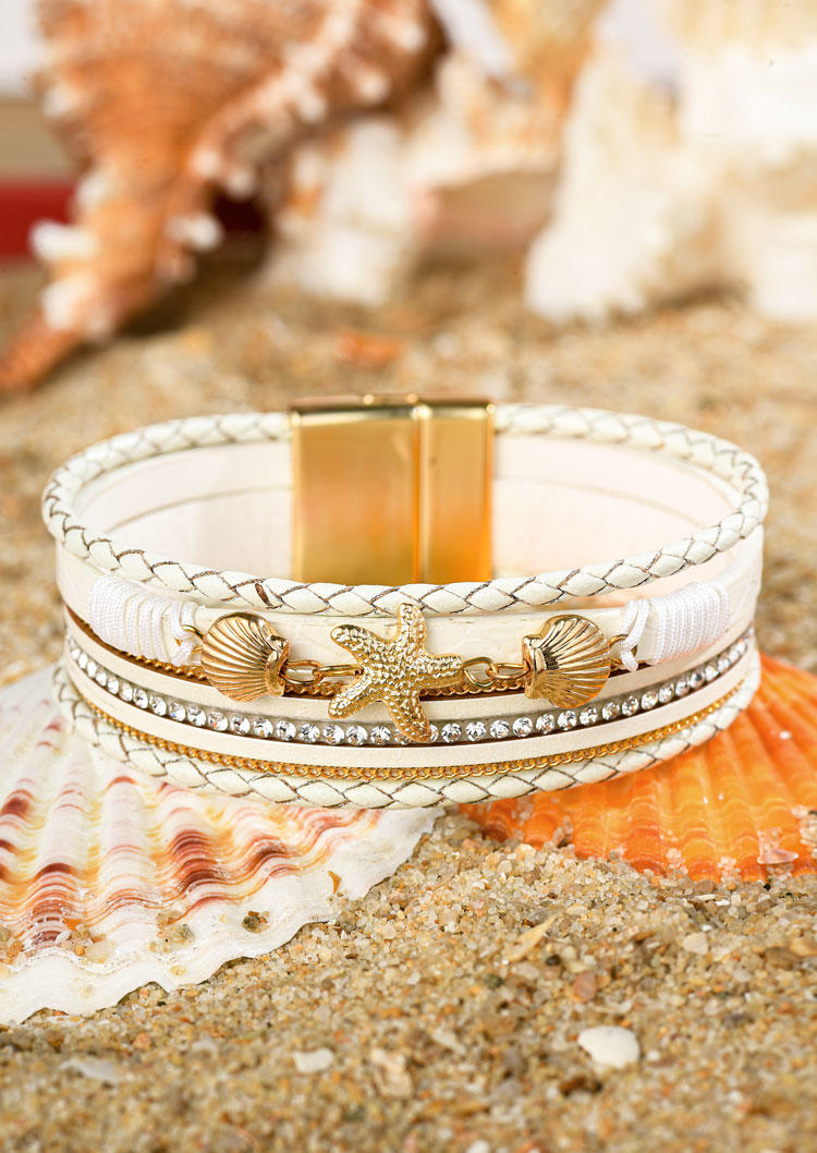 

Starfish Shell Rhinestone Magnetic Buckle Bracelet, White, SCM011135