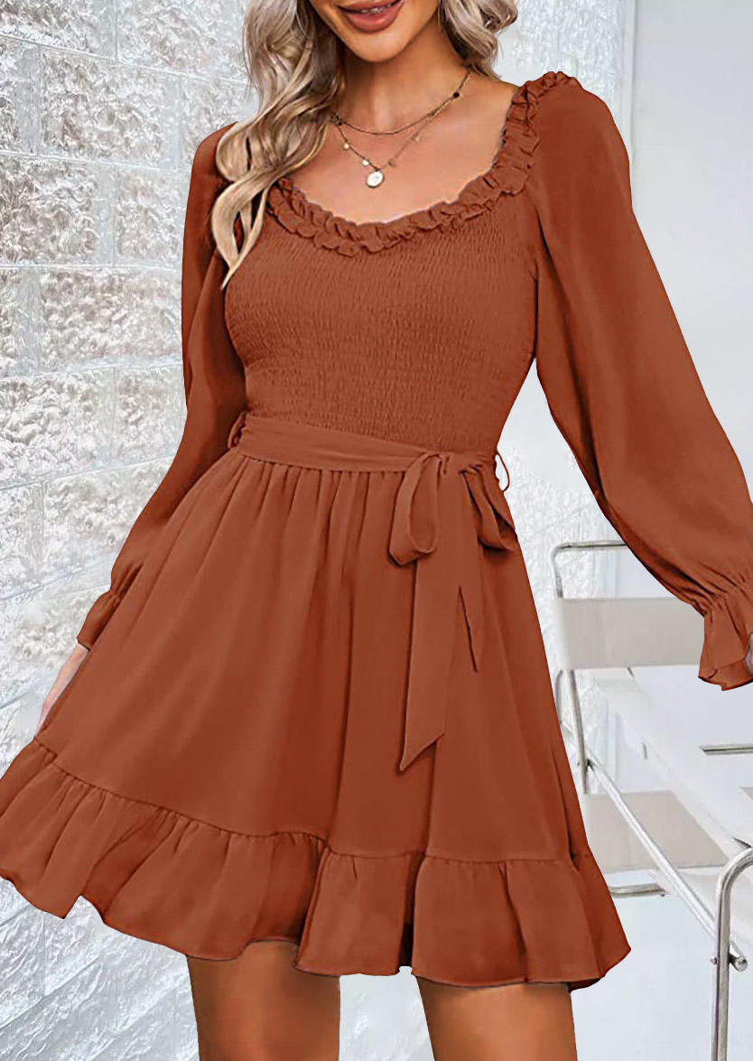 Ruffled Smocked Tie Mini Dress With Belt - Light Brown