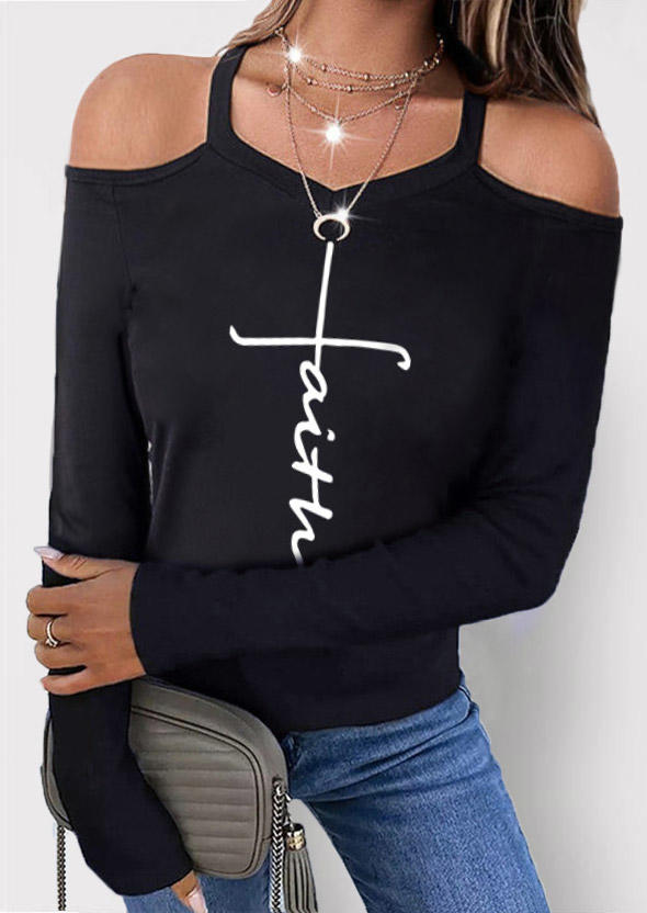 

Faith Cold Shoulder Long Sleeve Blouse - Black, SCM011361