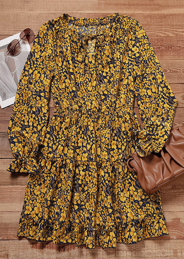 Floral Ruffled Tie Smocked Long Sleeve Mini Dress - Yellow