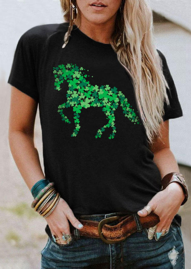 

St. Patrick's Day Lucky Shamrock Horseback Riding T-Shirt Tee - Black, SCM011429