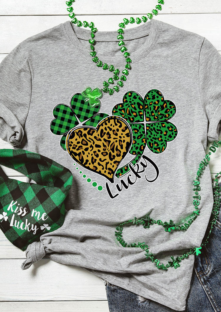 St. Patrick's Day Leopard Lucky Shamrock T-Shirt Tee - Gray SCM011435
