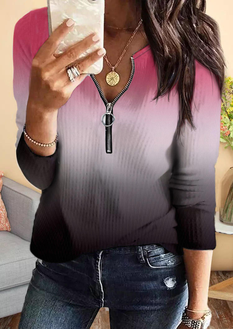 

Gradient Zipper Long Sleeve Blouse, Multicolor, SCM011474