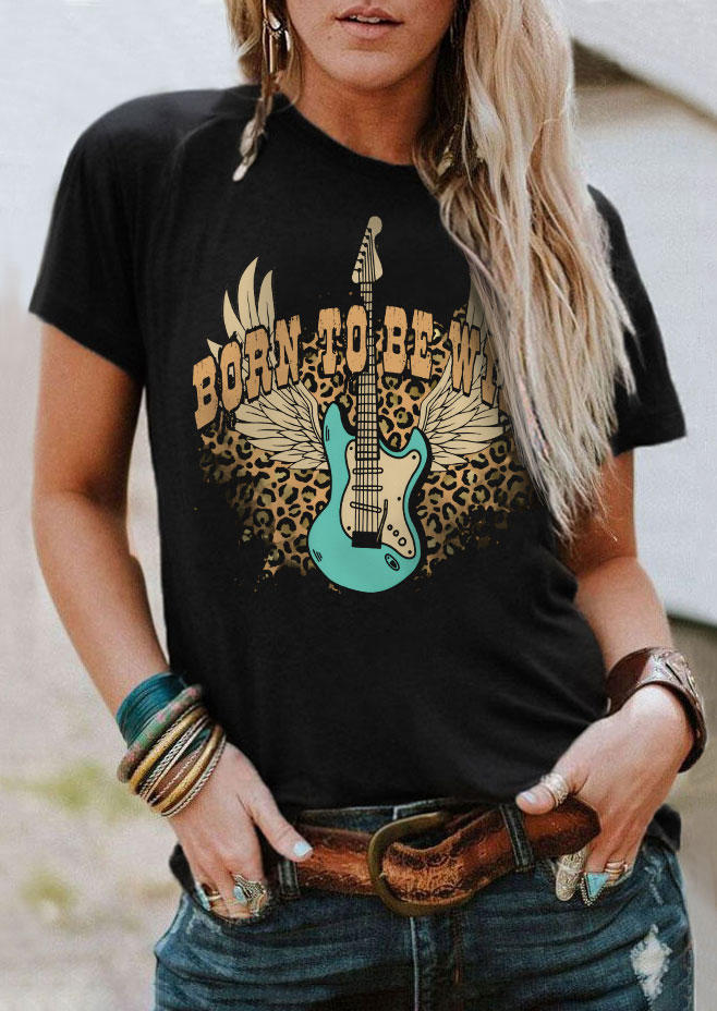 

Born To Be Wild Leopard Guitar O-Neck T-Shirt Tee - Black, SCM011492