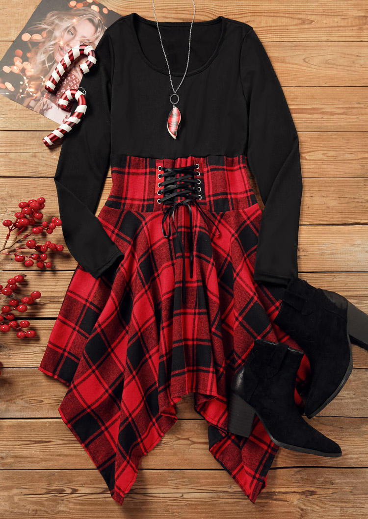 Plaid Lace Up Long Sleeve O-Neck Mini Dress