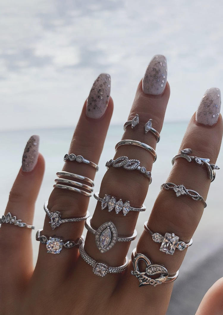 

15Pcs Heart Rhinestone Hollow Out Ring Set, Silver, SCM010912