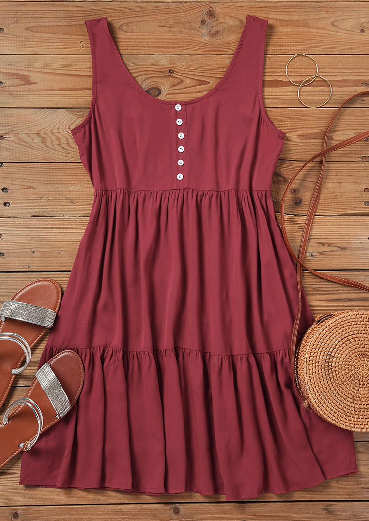 Ruffled Button Sleeveless O-Neck Mini Dress - Burgundy